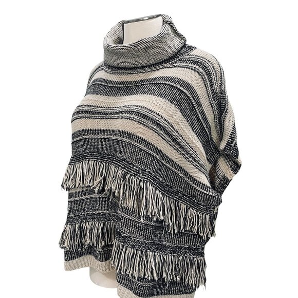 Linda Anderson Black Ivory Striped Knit Fringe Poncho Sweater One Size Cozy - Picture 6 of 9